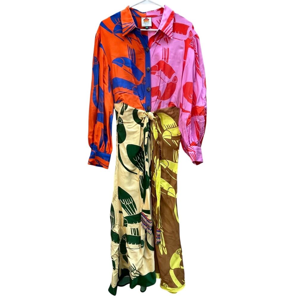 Anthropologie Farm Rio Shirt Dress All Over Rainbow-Hued Tropical Print Medium